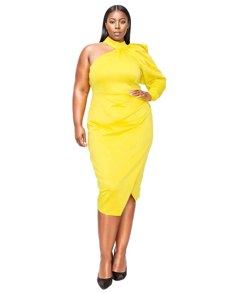 Front of a model wearing a size 22|24 GiGi Dress in Yellow by L I V D. | dia_product_style_image_id:349106